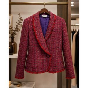 Vintage Wool Tweed Blazer Bouclé Fringe Tailored Jacket USA Made M Parisian Chic